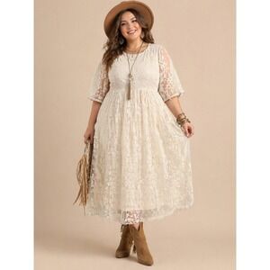 Cottagecore Boho Pink Ripple Cream Lace Maxi Dress 3XL Floral Wedding‎